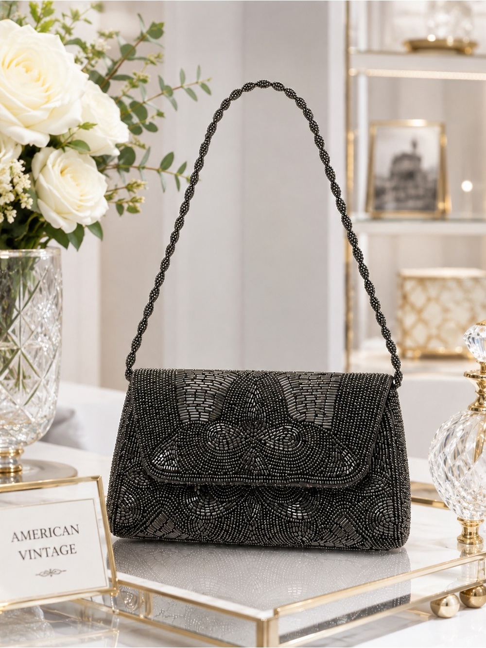🌙 Dark Silver Vintage Beaded Evening Clutch – Italian Beads & Satin Elegance